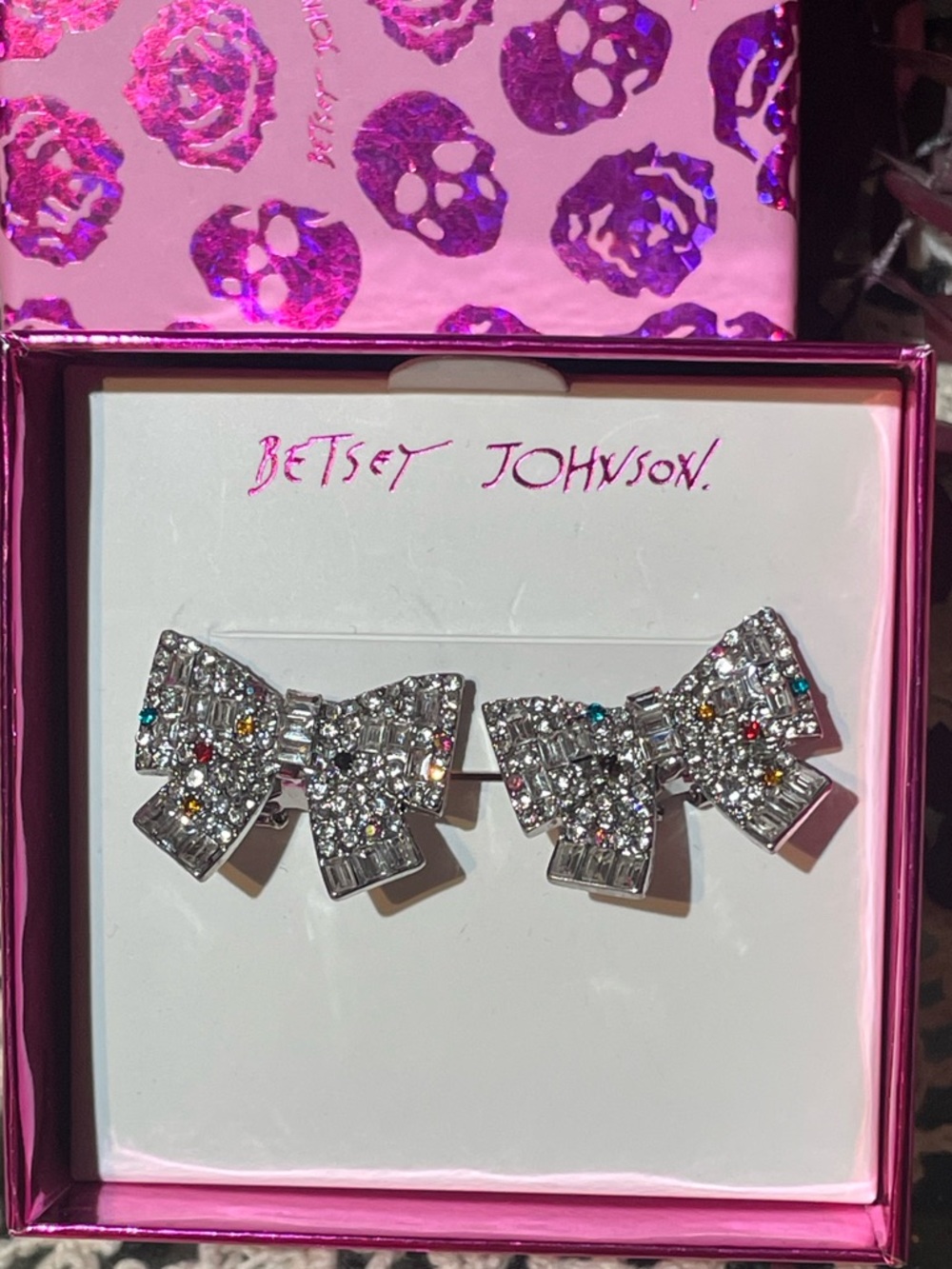 Betsey Johnson Silver Crystal Bow Earrings with Multicolor Accents